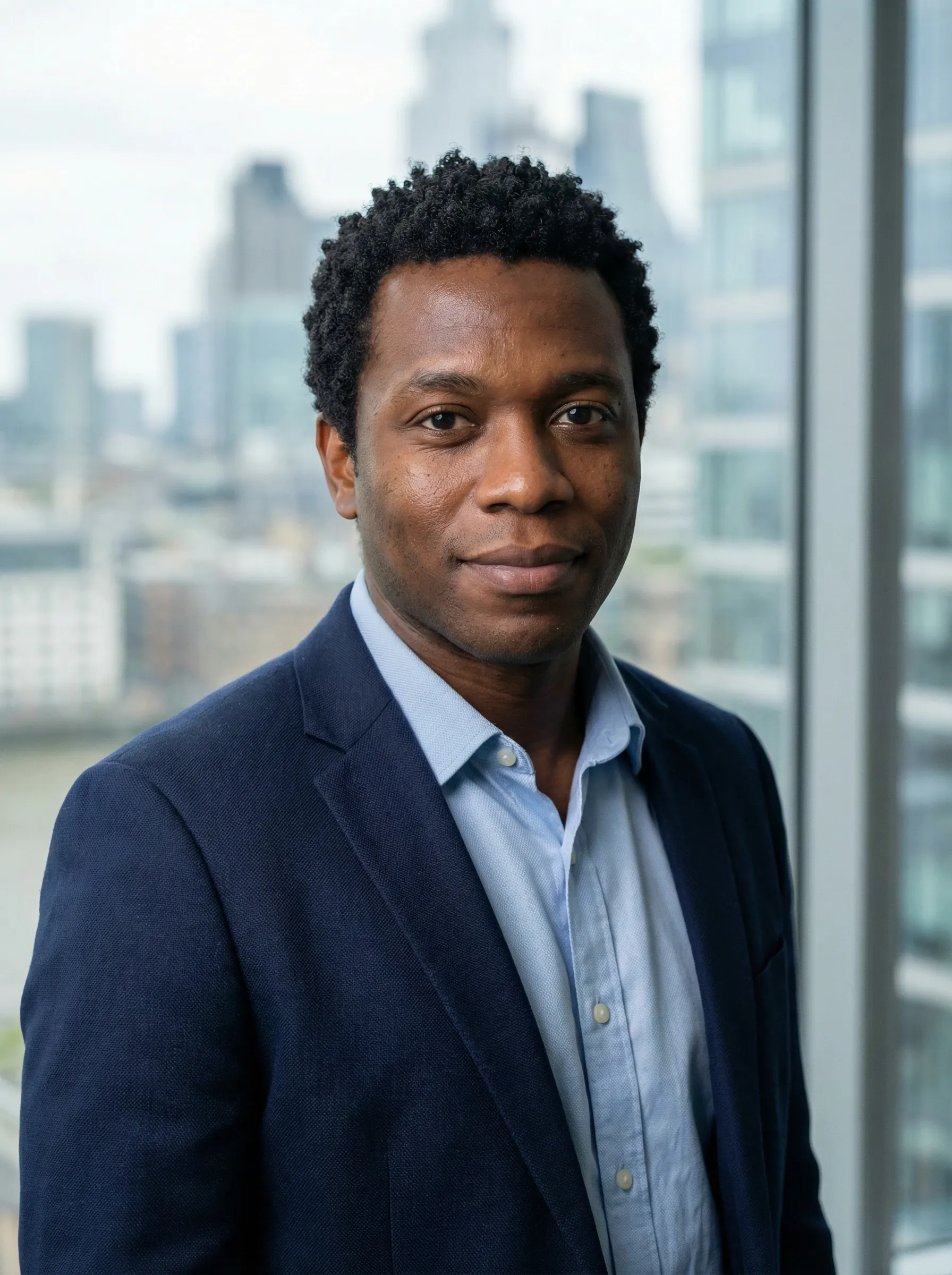 AI real estate professional headshot — man in a navy blazer and light blue shirt in a skyline office